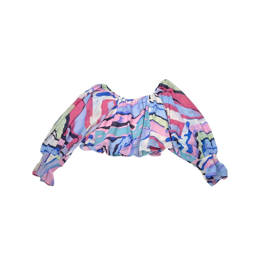 entro womens pink blue abstract crop top blouse. Size M. boho, date night, rave